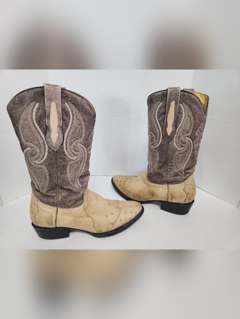 Arango Ostrich Skin Handcrafted Boots Tan/Brown Distressed Mens Mex 26.5(US 7.5)